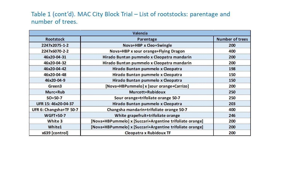 MAC City Block Trial – List of rootstocks: parentage and number of trees.