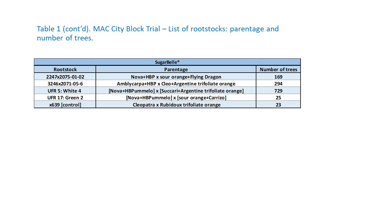 MAC City Block Trial – List of rootstocks: parentage and number of trees.