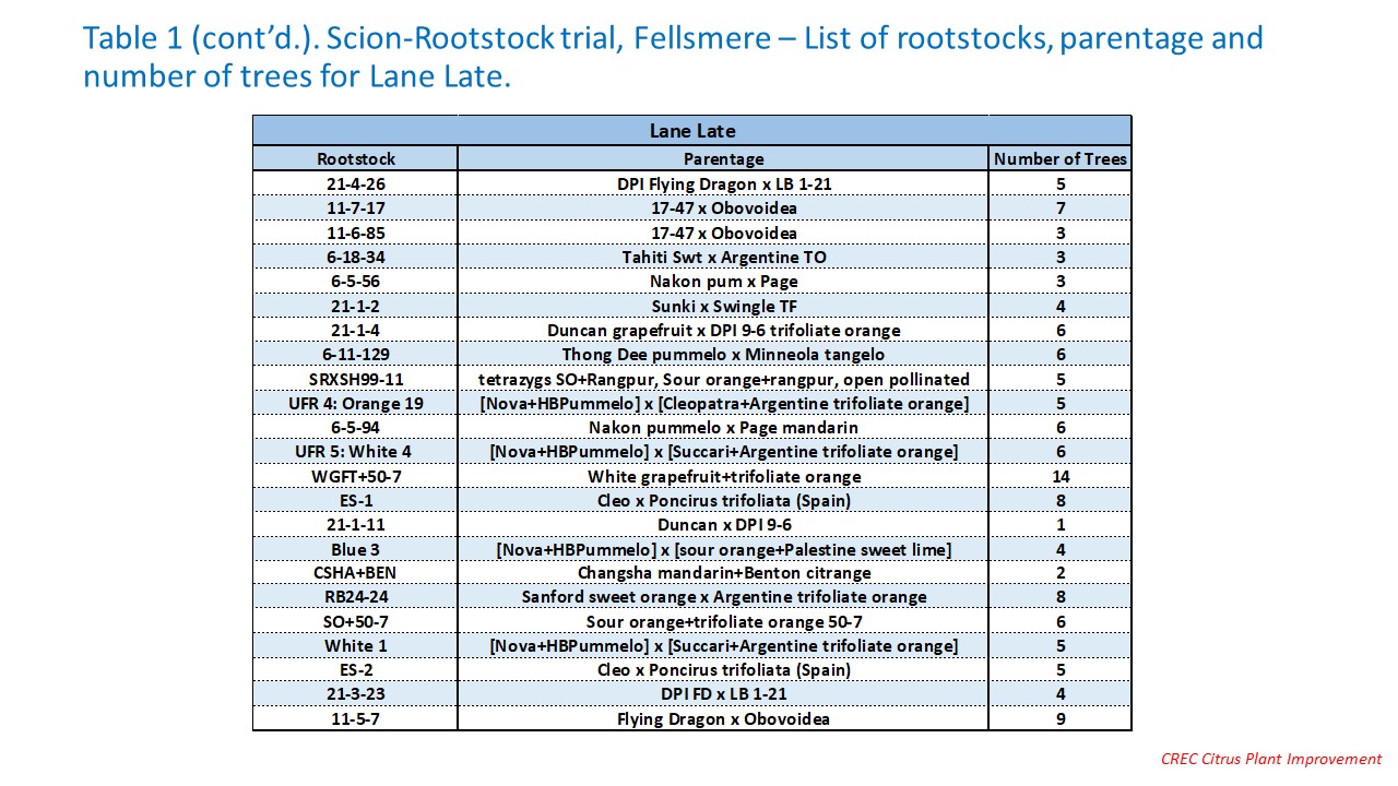 Table 1. Scion-Rootstock trial, Fellsmere – List of rootstocks, parentage and number of trees for Furr Mandarin