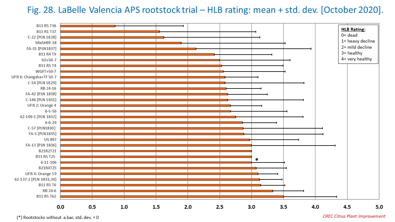 Fig. 28. LaBelle Valencia APS rootstock trial – HLB rating: mean + std. dev. [October 2020].
