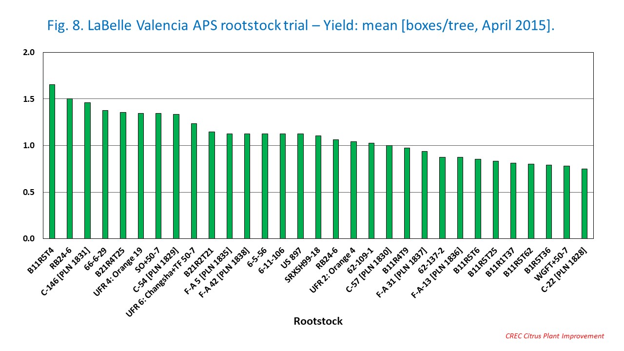 Fig. 8. LaBelle Valencia APS rootstock trial – Yield: mean [boxes/tree, April 2015].