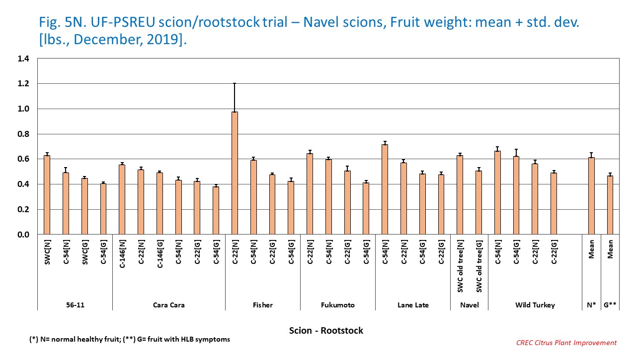 Fig. 5N. UF-PSREU scion/rootstock trial – Navel scions, Fruit weight: mean + std. dev. [lbs., December, 2019].