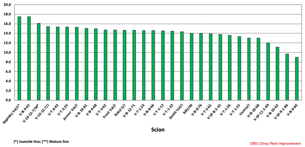 Water Conserv II scion trial – Valencia [V; Val] 6-year cumulative Yield [boxes/tree], seasons: 2005-06 to 2010-11.