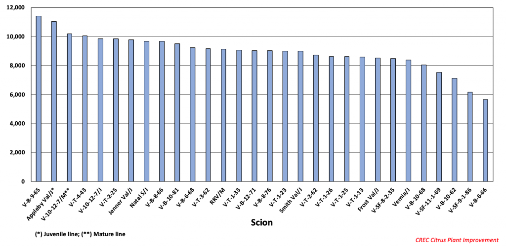 Water Conserv II scion trial – Valencia [V; Val] 5-year cumulative PS/acre, seasons: 2006-07 to 2010-11.